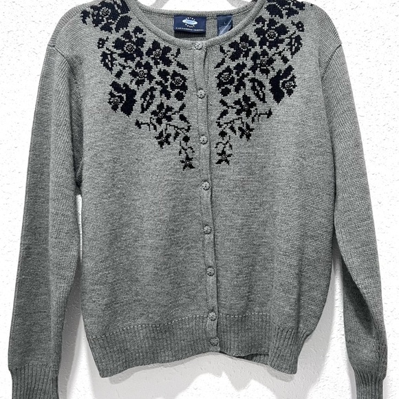 Liz Claiborne Heather Gray Cardigan with Black Floral Pattern‎ L - Picture 5 of 7
